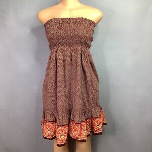 Vintage Bohemian Strapless Smocked Midi Dress With Ornate Border Print